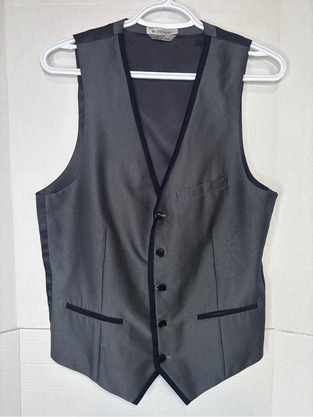 le chateau Men's Dark Gray Dress Vest with Black Trim Dressy Grad Bridal Top